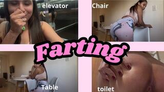 Farting in the elevator + peeing and farting in the toilet + farting on the table and chair