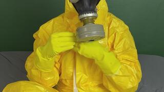 new yellow hazmat suit and gas mask