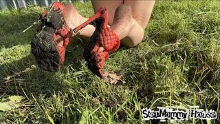 Wrecked Shoes - Broken Stiletto Sandals Sinking into Loose earth Mud, Walking Outdoors off Road, Dirty Toes, Dirty Slingbacks, Wet & Messy, Discarded shoes, Powerful Woman 4k