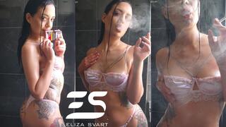 Smoking all oiled up in pink underwear