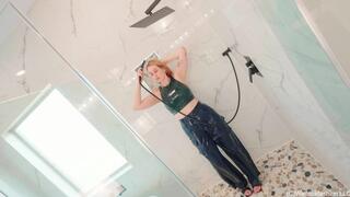 Ariel Showers and Bathes in Satin Pants, Crop Top and Heels