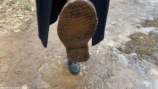 Trampling My pathetic slave with My muddy boots and wiping the soles on his white T-shirt and pillow