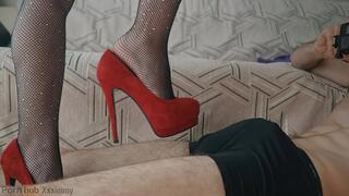 Girl in red high heels, shoe pounding and penis trampling, lots of sperm
