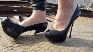 High heels destruction, broken high heels, wrecked shoes, wet and muddy high heels