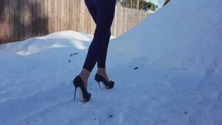 platform high heels walking on very slippery snow, high heels sliding on ice