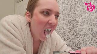 Toothbrushing and tongue scrubbing with Tied Back Hair and Makeup