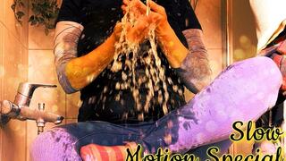 Extreme piss shower with several vases full of piss (silent slow motion special)