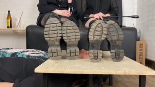 Nasty muddy knee boots humiliation for My slave with My bestie and Me