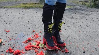 Big Watermelon Stomp, Kicking and Crushing under my £700 Dsquared Designer Chunky Boots