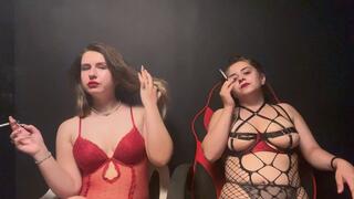 2 sexy girls smoking cigarette *