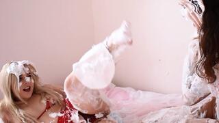 Messy Sploshing - Ellie Shoule and Laura Ropes Sploshing with Plastic Fetish, Spanking and Wet & Messy (MP4 720p)