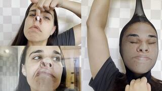 Mary plays with her nose and makes pig nose