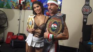 PORNSTAR CHAMPION VS BIG BREAST BABE IN FULL NELSON WRESTLING HOLD MATCH & HOT BLOWJON