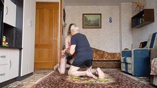 Sporty girl vs old guy