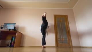 Karate Aura put the slave on his knees and punished him