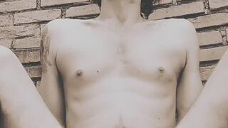 sitting on the dildo in the backyard - Black and White