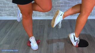 Goddess Amber & Miss Lucy - Busting Your Face, Cock & Balls Under Our Dirty Nike Trainers - 194 Leg Cam - Trample CBT Trampling Crushing Face Crush Standing Shoe Foot Feet Gagging Worship