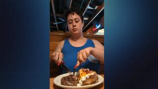Bratty Femdom Eats Steak with Red Nails and Teasing Eye Contact