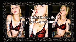 Velvet Heat Seduction – Theresa Smoke Smokes in Bed with Transparent Lingerie and Cigarette Domination Fetish