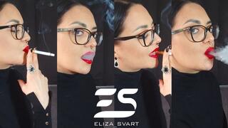 Smoking a Marlboro red 100 in a turtleneck sweater and red lipstick