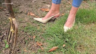 Gardening and Aerating the Ground in my £700 Saint Laurent Slingback Heels, Sinking them Into the Mud