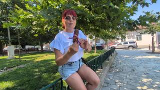 Outdoor ordinary day with my slave Faith - food humiliation