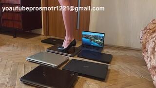 New video, Nastya walks and tramples many laptops, steps on them with her beautiful legs, in heels, in sneakers, and just barefoot Nastya also spits on them, sits down with her juicy ass, and masturbates