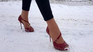 High heels walking in snow, high heels sliding on ice and slipping on snow