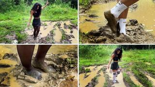 Black stockings in mud, muddy feet, wet stockings, white socks in mud, knee socks in mud, girl stuck in mud, girl in white socks in mud, girl making her feet muddy, muddy feet, muddy stockings, muddy socks, ruined socks in mud, wrecked socks