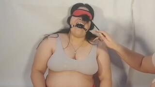 Fat girl laughs her head off while being tickled