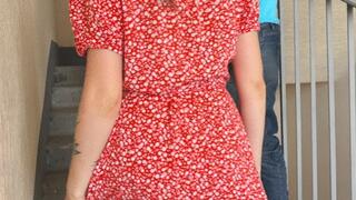 Woman sucks man in the entrance