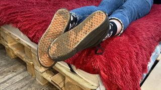 Pathetic bitch eating disgusting mud from My Vans sneakers soles