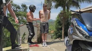 Biker Boys - Tonny Biker tied up in a tree! (720p) Gay Bondage - Gay Domination - Biker Gear - Ropes - Helmet - BDSM