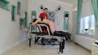 Red latex catsuit with hard dildo