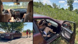 Nastya and Chloe have fun driving over trees and bushes