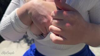 Public and risky, sloppy handjob on a bench during hiking