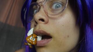 Giant Stepsister is looking for his stepbrother and finds him and thinks he is a tiny little candy and takes it and sucks it like a candy