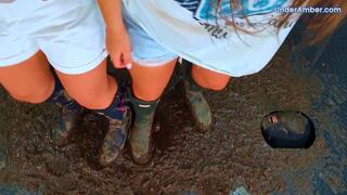 Goddess Amber & Miss Lucy - MudFest 1: Crushing The Cum From Your Cock & Balls Under Our Muddy Hunter Boots - 197 Sky Cam - Face Trample Trampling CBT Ballbusting Standing Busting Shoejob Bootjob Cumshot
