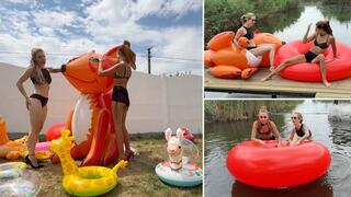 Naughty Nastya and Chloe are having fun and destroying two huge inflatables