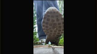 Tiny gardener under giantess's sneakers