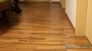 Slow Dangling in Classic Wooden Mules – Barefoot Tease on Hardwood Floor