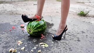 High heels watermelon crush, wet and messy high heels, messy shoes, messy feet, high heels crush, high heels wet