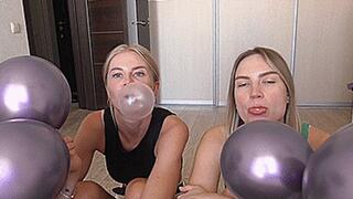 Blondie and Milora blow big bubbles with chewing gum and pop balloons! MP4