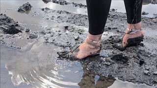 Kat Goes For a Wet and Muddy Walk in her Sexy Open Side Ankle Tie Heels