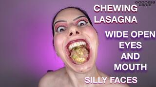CHEWING LASAGNA - WIDE OPEN EYES AND MOUTH - SILLY FACES