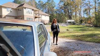 Vivian Ireene Pierce Can't Get the Car Started & Models Her Outfit While Crushing Some Leaves