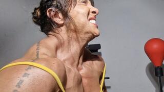New ! FBB workout traps huge back wide muscle neck chest pecs grunting full giantess muscle view yellow new top looking massive