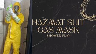 hazmat suit, gas mask in the shower