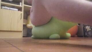 Heavy naked jumping on inflatable Dino hopper