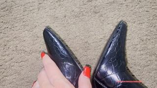 April Lee Black Leather Halter Top & Shiny Croc Thigh High Boots Hallway Tease POV